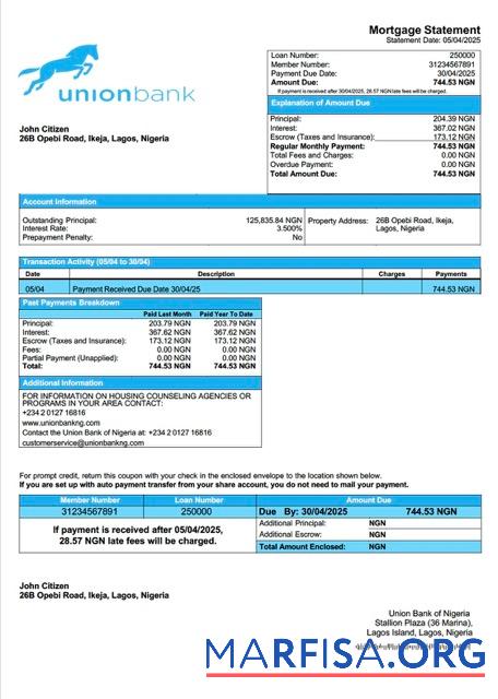 Blank Nigeria Union Bank of Nigeria mortgage statement Word and PDF template